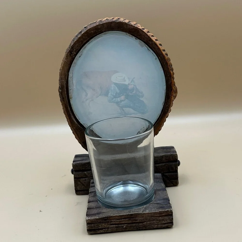 Western Rodeo Cowboy Steer Wrestling Laso Rope Votive Candle Holder Rustic Frame